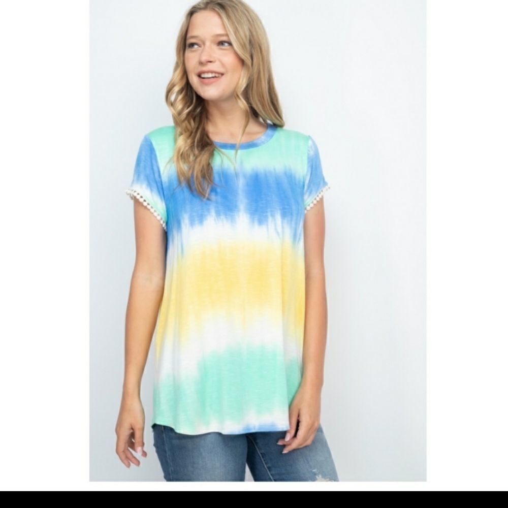 Cute Tie Dyed Tunic Top with Embellished Sleeves White Blue Yellow Green - Picture 6 of 7